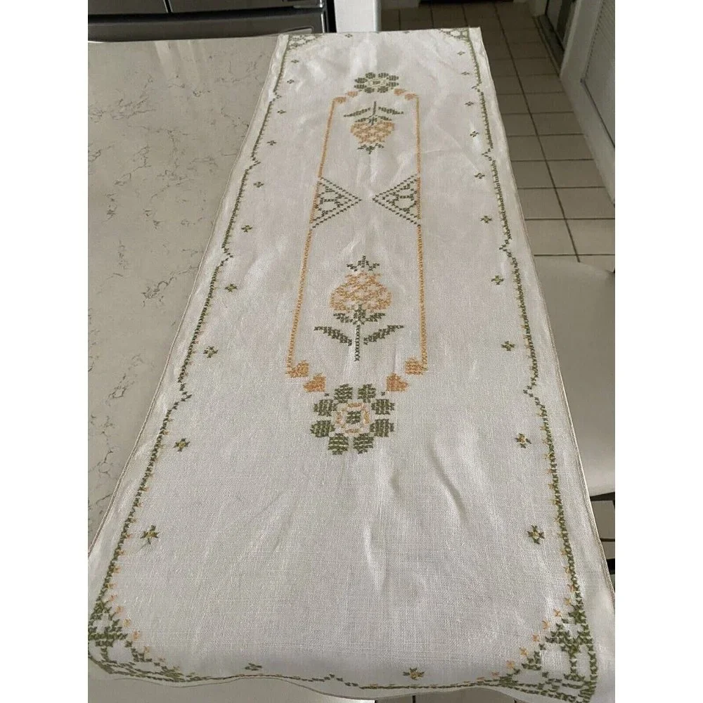 Vintage 1960s Linen Embroidered Floral‎ Cross Stitch Handmade Table Runner 14x42